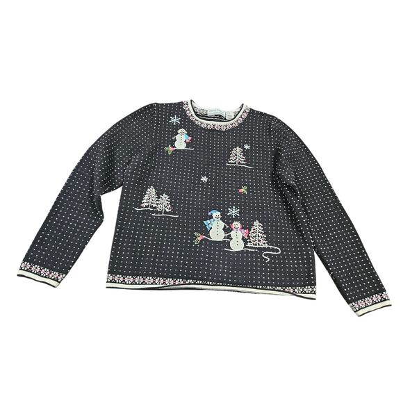 Alfred Dunner Sweaters - Alfred Dunner PL Snowman Ski Sweater Winter Snowflakes Christmas Knit Petite L